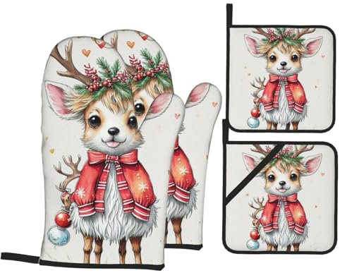 Ofenhandschuhe und Topflappen-Set, niedliches Weihnachts-Rentier, hitzebeständig, Küchen-Backhandschuhe, rutschfeste Oberfläche zum Kochen, Backen, Grillen, Grillen