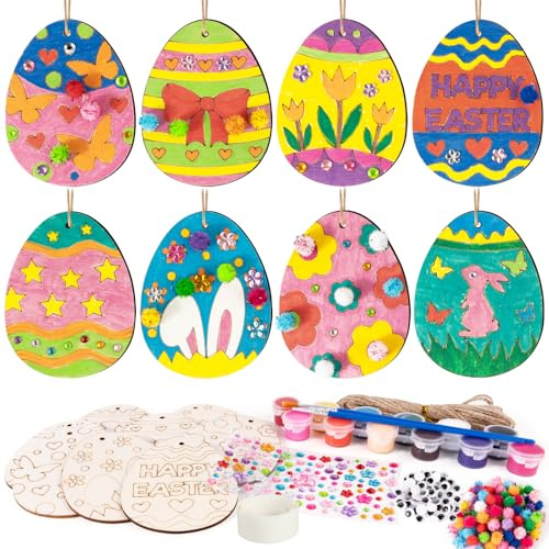 BOFUNX 24 Stücke Ostern Holzanhänger zum bemalen, DIY Ostern Anhänger Holz Ornamente Bastelset, Ostern Holzdeko Kinder Ostern Geschenk Handwerk