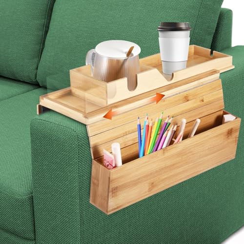Sofá Reposabrazos Bandeja Flexible Madera Bambú Soporte para Bebidas Reposabrazos Sofá Reposabrazos Bandeja Mesa Antideslizante Sofá Mesa Sofá Soporte para Bebidas para Snacks, Teléfono Móvil, Control