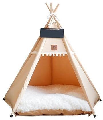 AQCQDQ Tipi Zelt für Haustiere Hundezelt Katzenzelt, mit Kissen, Hundezelt Abnehmbar und Waschbar Haustierzelte Tragbar Haustierbett Multifunktionales Hundebett Katzenzelt (M,Khaki)