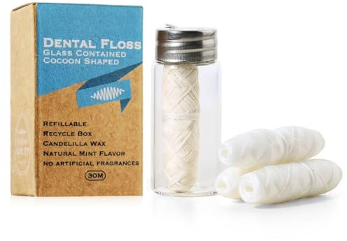 Natural Silk Dental Floss Refills (3x30m) | Biodegradable, Plastic-Free & Vegan | Mint Candelilla Wax | Zero Waste Kit with Glass Holder & Refillable Container | Cruelty-Free Oral Care