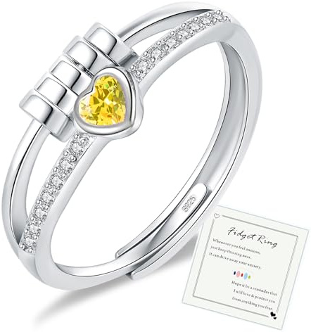 HEEYA Anxiety Ring für Damen Silber Ringe mit Geburtssteinen Herzring Angst Ringe Offen Verstellbar Anti-stress-ring mit Perlen Spinner Fidget Ring Frauen Hypoallergen Stimmungsring gegen Stress