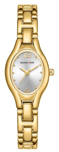 GOLDEN HOUR Armbanduhr Damen Kleine Ovale Klassische Analoges Quarzwerk Uhr Gold Damen Vintage Wasserdicht Modisch Lässig Damenuhr mit Edelstahlarmband für Frauen Mädchen