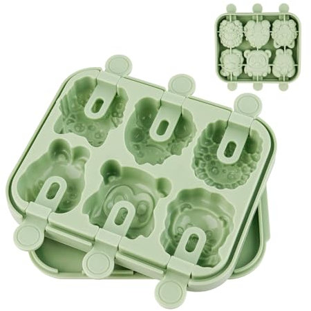 FRUHLING Moldes de silicona con forma de animales, moldes para helados, sin BPA, molde para hacer cubitos de hielo, con palitos para yogur, zumo, batidos (verde)
