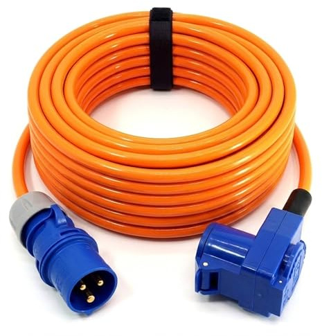 Event-Kabel&more – CEE-Camping-Verlängerungskabel 3x1,5mm² mit CEE-Stecker & Winkelkupplung mit integrierter Schuko-Steckdose, 16A, 230V, PUR-Kabel, orange (1,5m-50m) Camping-Line (10 Meter)
