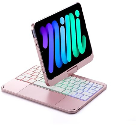 Zienstar-Teclado Español con Funda Rotación 360° para iPad Mini 6th/7th (A17 Pro),8.3,Retroiluminado,Trackpad Click-Rosa