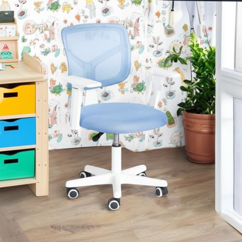FurnitureR Chaise de Bureau pour Enfants, Chaise D'ordinateur pour Jeunes/Adolescents avec Maille Respirante, Pivotante Seat D'étude Réglable en Hauteur avec Accoudoirs, Blue 50 x 53 x 87cm