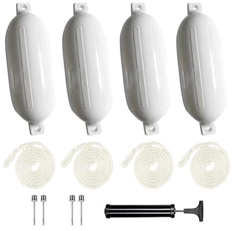 Fender båt, båtfender, 4-delat stänkskyddsset (med stänkkabel), inklusive pump, fyra luftbultar, antikollisionsskydd, lämplig för båtar med en längd på 6 till 7 meter (vit, 58 x 16 cm)