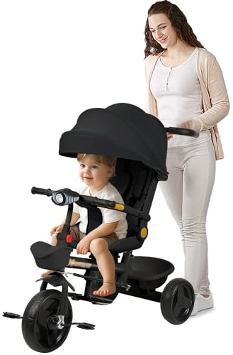 Dreirad 5-in-1 mit Schiebestange von 18 Monaten bis 25 kg, Baby-Dreirad, skalierbares Baby-Fahrrad, 1 Jahr, mitwachsend, Licht und Musik, drehbarer Sitz, Schwarz
