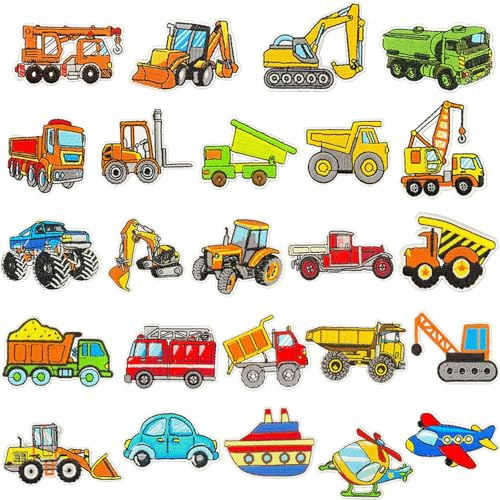 24 Stück Flicken zum Aufbügeln Kinder, Baufahrzeug-Motiv Bügelbilder für Textilien, Selbstklebender Rückenkleber, Knieflicken zum Aufbügeln Kinder, Bügelflicken, Bügelbilder