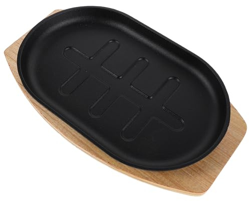 MUELODSIC Sartén de Hierro Fundido Precurada para Bistec 275X175X25 CM con Base de Madera Plato Chisporroteante Adecuado para Cocina Barbacoa y Camping Utensilio Resistente para