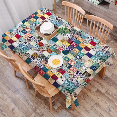 DALEXHM Table Cloth Wipe Clean Rectangular, wipeable tablecloths,Dining Table Cover for Kitchen Outdoor Garden Table,Floral patchwork tile design. Colorful Moroccan Mediterranean square tile,54x72 in