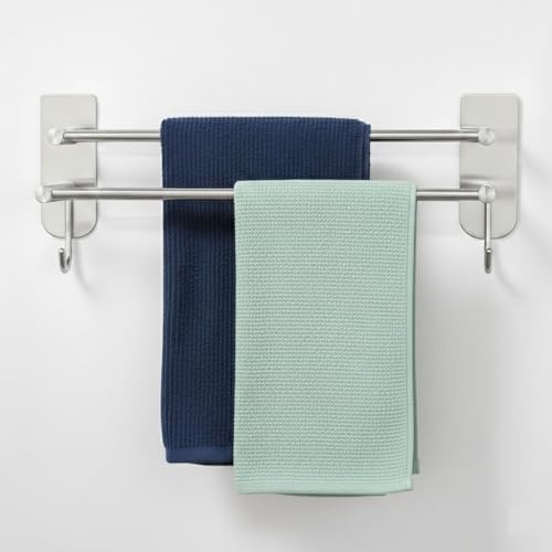 Handtuchhalter ohne Bohren 80cm Doppelt - Selbstklebende Badetuchstange mit 2 Handtuchhaken aus rostfreiem Edelstahl - wasserdichte Wandmontage für Badezimmer, Duschkabine, Sauna und Küche