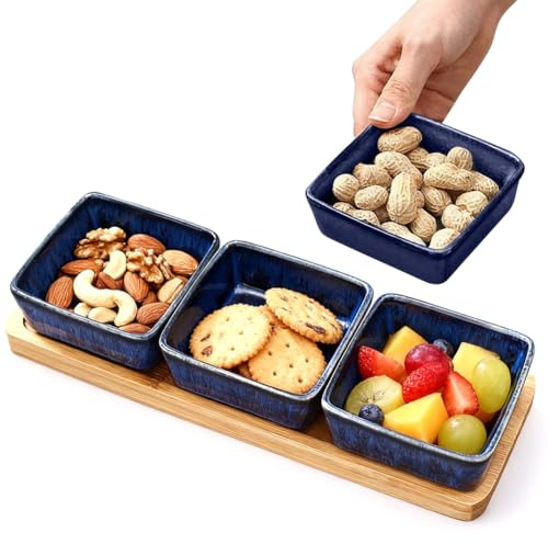 CEWROM Dippskålsset med träbräda, set om 3 dippskålar, snacks, keramisk dip-skålar, set för snacksskålar, sylt dessert, sylt (toning blå)
