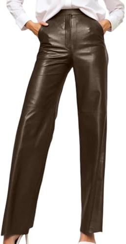 Pantaloni in pelle da donna, taglio dritto, in pelle, a gamba larga, in ecopelle, a vita alta, dritta, in pelle, elasticizzati, in pelle opaca, slim fit