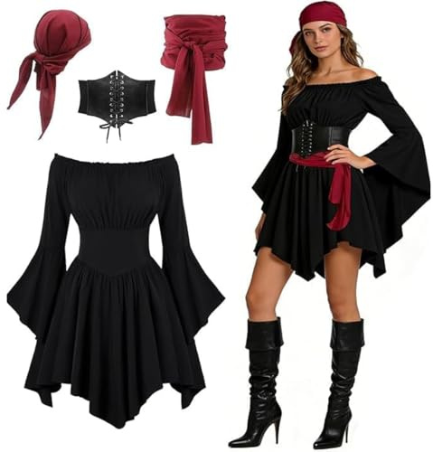 Costume Pirata Donna Set Completo Medievale Abito Off Shoulder Strato con Corsetto Nero Bandana e Fascia Rossa Top a Spalle Scoperte per Carnevale Halloween Feste a Tema Rinascimentale Taglie XS-5XL