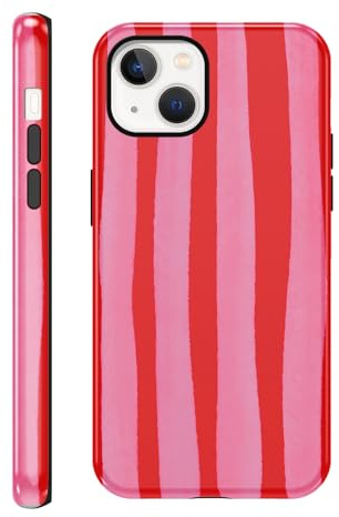 Coiwxmoi Fodral för iPhone 14/iPhone 13, Aesthetic Randig Striped Design Fodral för Flickor Kvinnor, Tunn TPU Silikon PC Stötsäker Reptålig Skyddande Fodral för iPhone 14, Ränder Röd Rosa