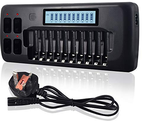 CITYORK 10+4 slot Universal Battery Charger for 1.2V AA/AAA Ni-MH Rechargeable Batteries and 9V Ni-MH Lithium Rechargeable Batteries with Intelligent LCD Display