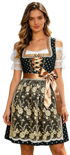 Vestido Dirndl 3 piezas para mujer vestido alto y delantal traje Bávaro Oktoberfest traje de sierva de campo cuento de hadas rústico folclore alemán disfraz tradicional fiesta temática, Negro , M