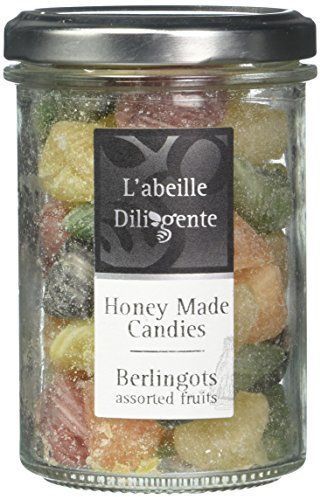 Abeille Diligente - Berlingot French Honey Candies, Assorted Fruit Flavors (Raspberry, Mint, Orange, Blackcurrant, Pear), 170g Jar