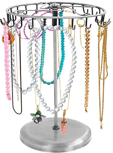 BELLE VOUS Silver Metal Rotating Jewellery Holder Display Stand (23 Hooks) - H34.8 x W20.5cm / 13.70 x 8.07 Inches - Hanging Organiser Tower Rack - Storage for Necklaces & Bracelets, Rings & Earrings