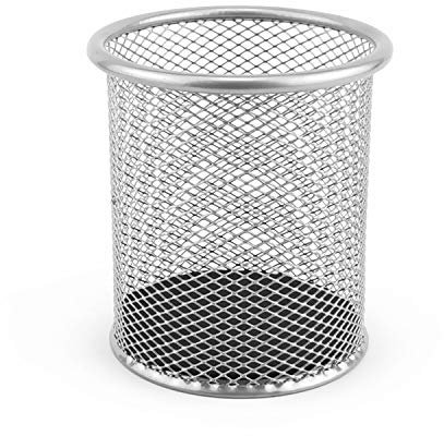 D.RECT Metall Stifteköcher | Stiftehalter rund aus Drahtmetall | Mesh Multifunktions Becher für Kugelschreiber Ø91 mm Silberfarben