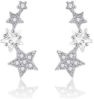 QUKE Silver Plated Cubic Zirconia Star Climber Ear Vine Earrings for Women | Sparkly Crystal Wrap Earrings, Star Ear Crawlers, Versatile Styling, Black Gift Box, Lovely Present for Birthdays & Christmas