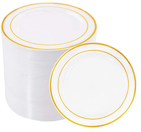 bUCLA 100Pieces Gold Plastic Plates - 6.25inch White with Gold Rim Disposable Salad/Dessert/Appetizer/Small Cake Plates Premium Hard - Ideal for Wedding, Party