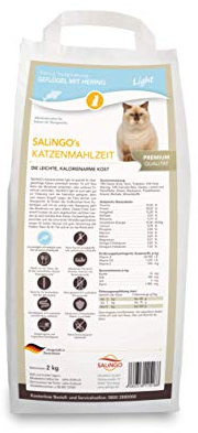 SALiNGO Katzenfutter trocken, Geflügel und Hering Light, Diätfutter für übergewichtige Katzen (2x2kg)