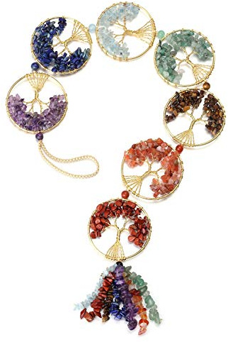JSDDE 7 Chakra Hänger Deko Sonnenfänger Lebensbaum Anhänger Aufhängen Fensterdeko Hängend Feng Shui Glücksbringer Aufhängen Ornament für Wand Fenster Auto (7 Chakra)