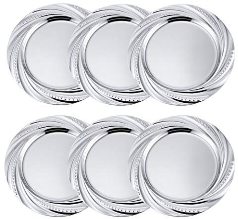 Insun 6 Pezzi Vassoi da Portata Rotondo in Acciaio Inossidabile Vassoi Rivestimento Antiscivolo Bordo per Feste, Funzioni, Buffet, Catering Argento 26cm Diametro