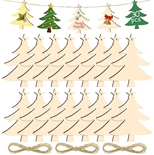 Kiiwah 30pcs Christmas Wooden Ornaments, DIY Wood Pendants with String for Xmas Tree Decorations & Christmas Craft Supplies (Christmas Tree)