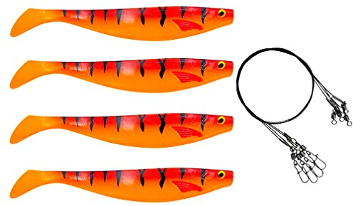 PetrisCatch 4er Gummifisch Set, 15cm, Hecht, Zander | UV aktiv, inkl. 4 Stahlvorfächer