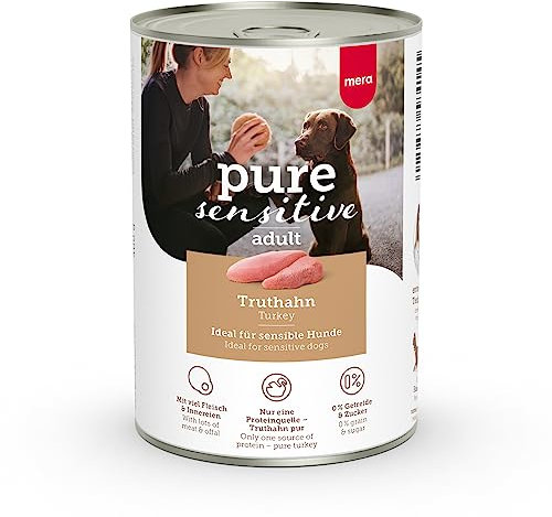 MERA Pure Sensitive Truthahn (6x400g), Hundefutter nass mit hohem Fleischanteil und getreidefrei, Nassfutter aus 100% tierischem Protein für Sensible Hunde, Single Protein