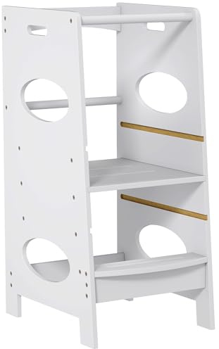 HOMCOM Toddler Step Stool Kids Adjustable Standing Tower with Safety Rail for Kitchen Counter Grey
