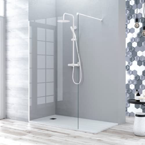 Mampara de Ducha Fijo Frontal | Panel Pantalla Fijo Ducha de Vidrio Templado de 8mm | Tratamiento Antical y Altura de 195cm | Transparente Blanco Mate 100cm