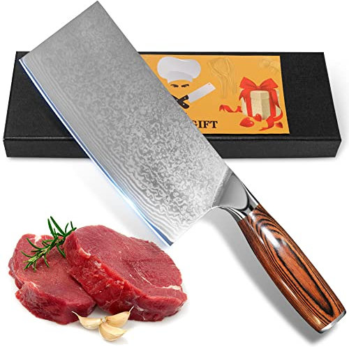 Home Safety Damastmesser Scharfes Damast Kochmesser - Profi Fleischmesser aus echtem Damaststahl für Küche - Handgeschmiedetes Hackmesser, rutschfeste Pakkaholz Griff + Geschenkbox