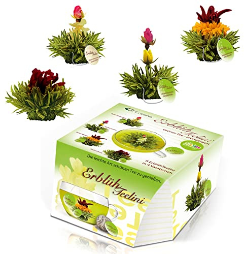 Creano Teeblumen Variation im exklusiven Tassenformat ErblühTeelini - 8 Teeblüten in 4 verschiedenen Sorten (Grüner Tee)