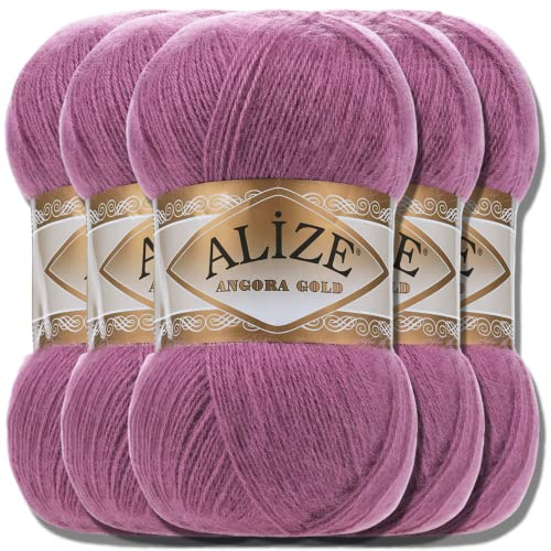 Alize 5 x 100 g Angora Gold stickgarn, turkiskt högkvalitativt garn av ull och akryl, enfärgat, babyull för virkning/stickning av halsdukar och annat till bebis (Mörkrosa | 440)