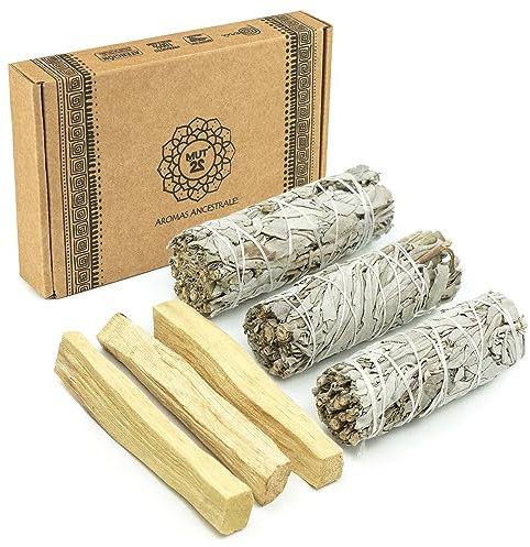 MUT22 3 Weißer Salbei und 3 Palo Santo Premium Kalifornischer, 100% natürlich und reinigend, ideal für spirituelle und energetische Rituale (3 Weißer Salbei + 3 Palo Santo)