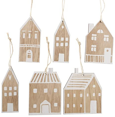 6 STK Hänger Häuser Nordy Set 6 Stück Anhänger Holz 12cm Weiss braun Christbaumschmuck n864 Weihnachtsdeko Weihnachtskugeln Baumschmuck Haus Dekohaus Holzhaus Weihnachten