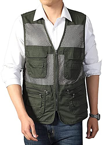 Sukany Men's Summer Safari Fishing Utility Vest Outdoor Mesh Work Photography Travel Hiking Multi-Pockets Waistcoat Jacket Army Green XL