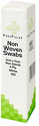Posi Pulse 5cm x 5cm, 200ct Non-Sterile Gauze Swabs - 4 Ply Non-Woven Blend of Soft Strong Smooth Viscose/Polyester, 30g, Latex Free, CE Certified, White for Wound Dressing, Cleaning, Absorption