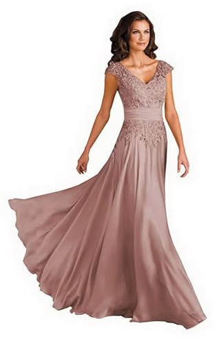 Sincemeet Spitzen Kleider Für Die Brautmutter V-Ausschnitt Langes Abendkleid Chiffon Hohe Taille Ballkleid Brautjunfernkleid
