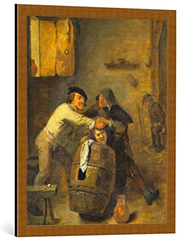 kunst für alle Bild mit Bilder-Rahmen: Adriaen Brouwer Schlägerei zwischen Zwei Bauern - dekorativer Kunstdruck, hochwertig gerahmt, 60x75 cm, Kupfer gebürstet