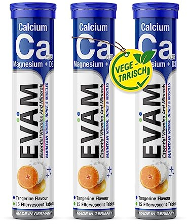 EVÄM Calcium Magnesium D3 Brausetabletten I Geschmack Mandarine I 3x 15 Stück I Nahrungsergänzungsmittel zur Unterstützung von Knochen und Muskeln I für Vegetarier geeignet I Made in Germany