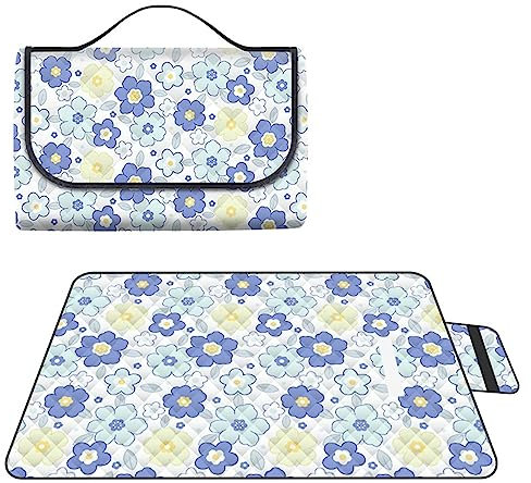 TengYuer Picknickdecke 180x200cm Stranddecke Wasserdicht Sandfrei Isoliert Faltbar Strandmatte mit Tragegriff Outdoor Campingdecke XXL für Camping Parks Strände Picknick Blaue Blume
