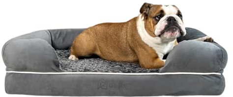 O.buddy Wasserdichtes, Orthopädisches Hundebett Grosse Hunde, Viscoschaum, Abnehmbarer, Waschbarer Bezug, Beruhigender Plüsch, Erhöhter Rand, Hundebett Orthopädisch Große Hunde 90x65x23 cm, Grau