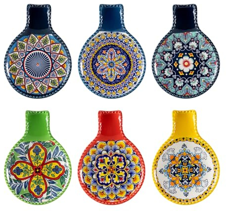 Ceramic Spoon Rest for Stove Top, Large Spoon Holder for Kitchen Counter, Cooking Utensil Rest for Ladle, Spatula, Tongs, Housewarming Gifts Set of 6 - Bohemian Style