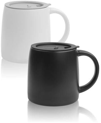 LINVIA Classic Mug, 14 oz Large Coffee Mug with Handle, Ceramic Porcelain Tea Cup, Smooth Matte (Sliding Lid, Set of 2, White and Black)